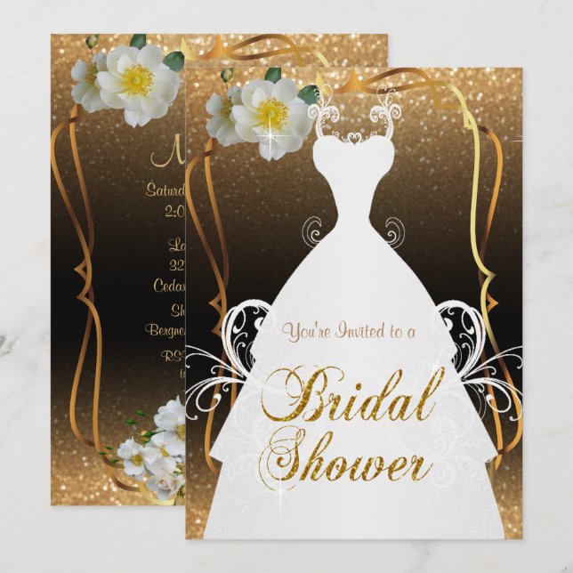 Möhippa i guld- glitter- och vitblommor inbjudningar (Fram/baksida)