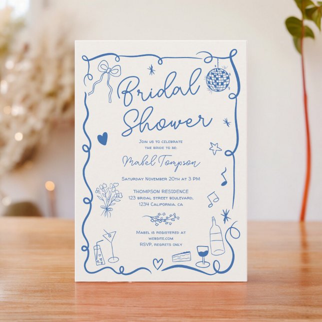 Möhippa illustrerad av Retro Blue hand plockade Inbjudningar (Retro blue hand drawn illustrated bridal shower invitation)