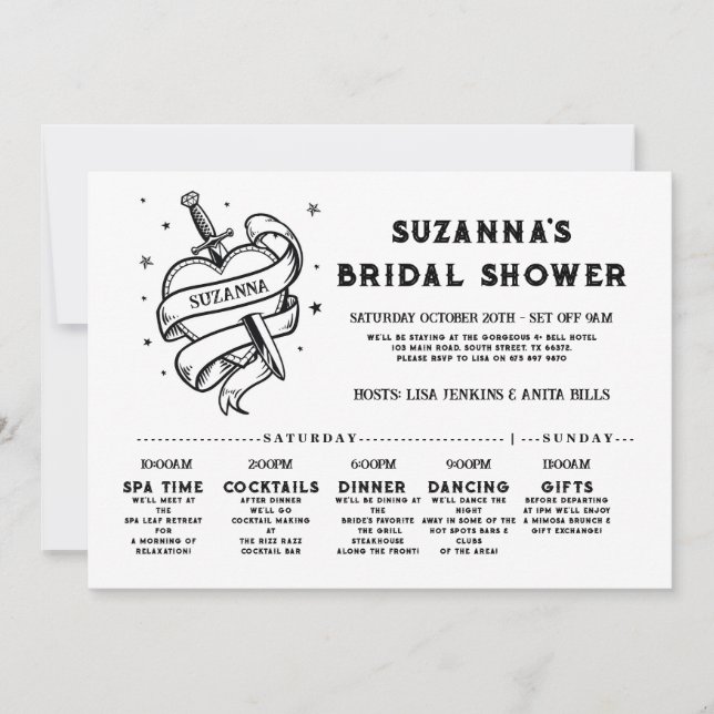 Möhippa Itinerary Bachelorette Rock n Roll Heart Inbjudningar (Framsida)