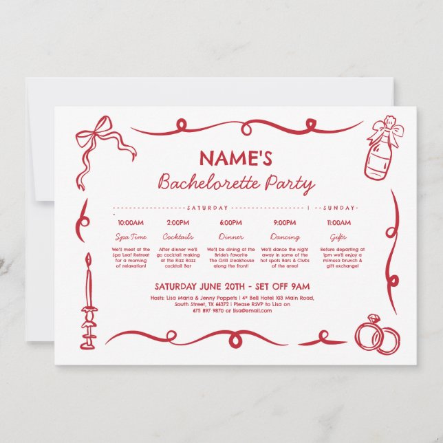 Möhippa Itinerary Whimsical Hand plockade Inbjudningar (Framsida)