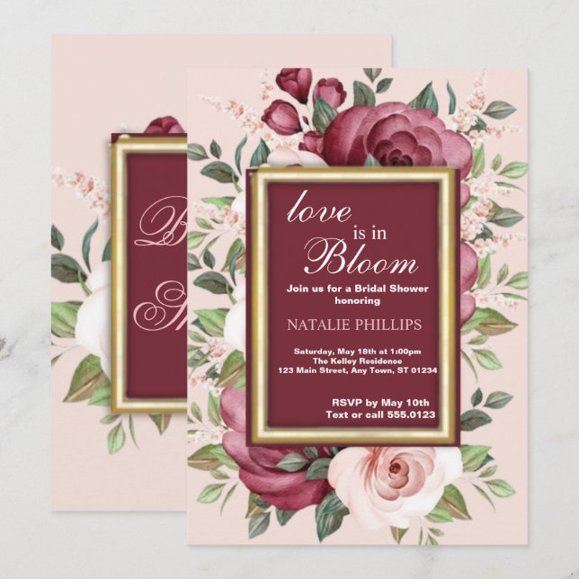 Möhippa Kärlek i Bloom White Rosa Burgandy Fl Inbjudningar (Fram/baksida)