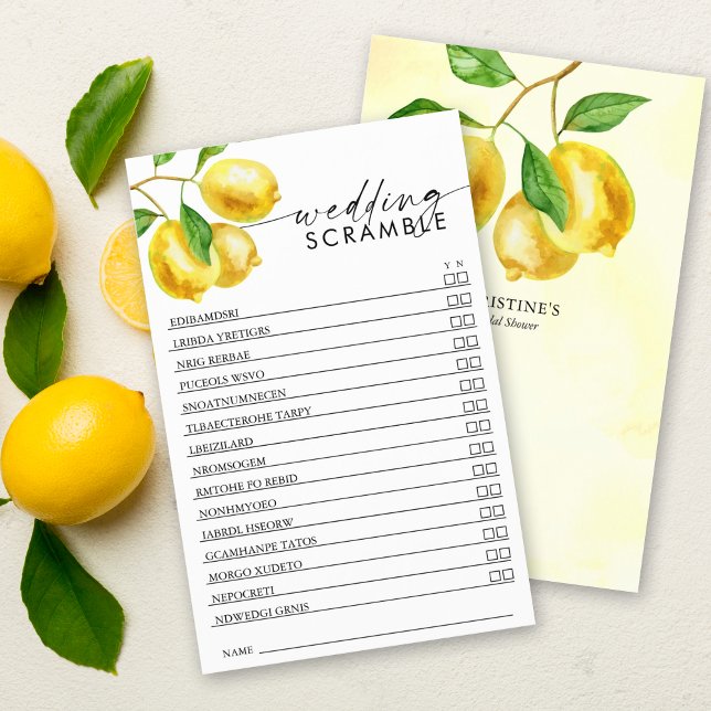 Möhippa Lemon Watercolor Scramble (Keep guests engaged at your pre-wedding event with our vibrant lemon wedding scramble game.)
