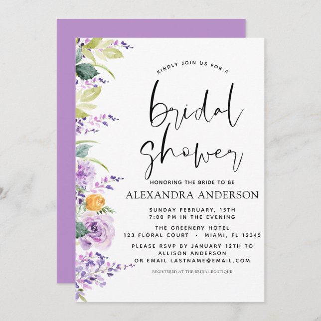 Möhippa Lila Blommigt Greenery Inbjudningar (Fram/baksida)