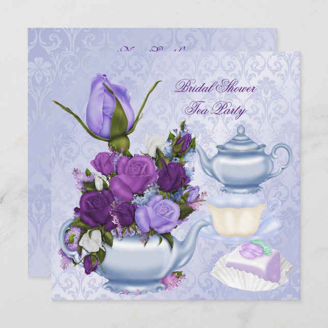 Möhippa Lila Blommigt Tea Party Inbjudningar (Fram/baksida)