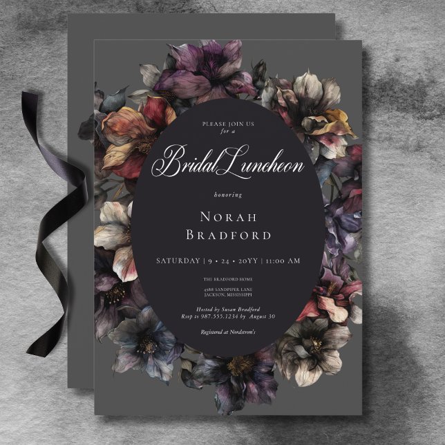 Möhippa Lunch för mörk av Blommigt Moody för   Inbjudningar (Dark Gothic Moody Watercolor Floral Bridal Lunch Invitation)