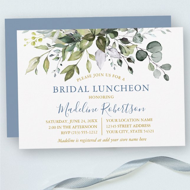 Möhippa Lunch i Watercolor Greenery Dusty Blue Gul Inbjudningar (Customize to change text color, text style or color of back of card.)
