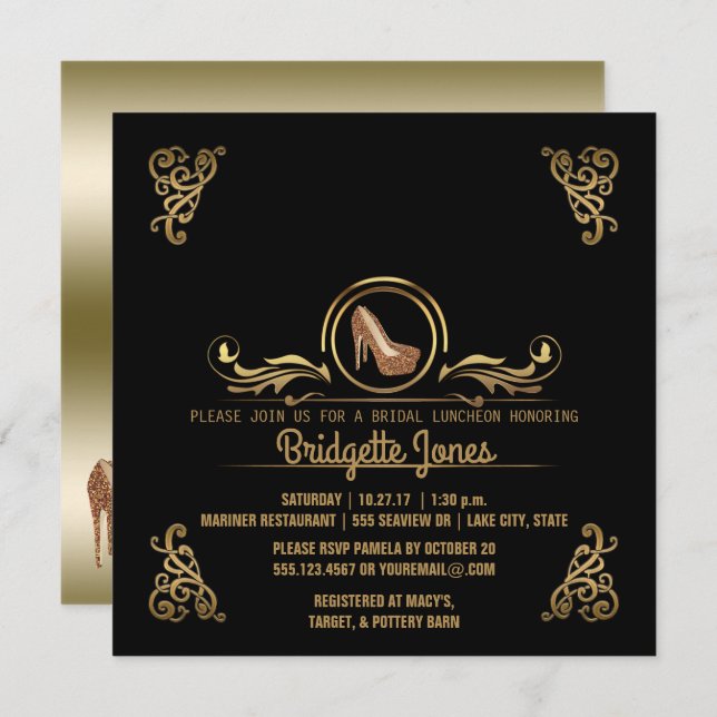 Möhippa Luncheon Black Guld| Möhippan Bröllop Inbjudningar (Fram/baksida)