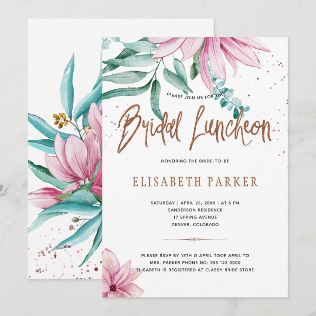 Möhippa luncheon  rosa kopparmöhippa inbjudningar (Fram/baksida)