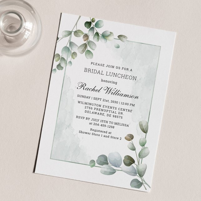 Möhippa Luncheon Watercolor Eucalyptus Greenery Inbjudningar (Watercolor Eucalyptus Greenery Foliage Bridal Shower Luncheon Invitation)