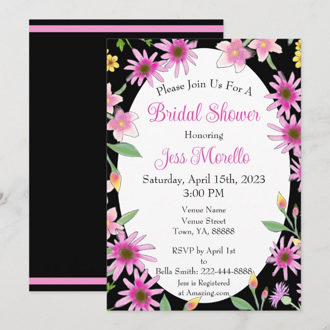 Möhippa med fet Blommigt, svart Rosa, vattenfärg Inbjudningar (Fram/baksida)