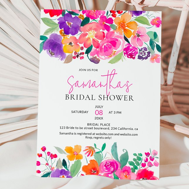 Möhippa med fetstilt ljus blommigt, vattenfärg inbjudningar (Bold bright pink floral watercolor bridal shower invitation)