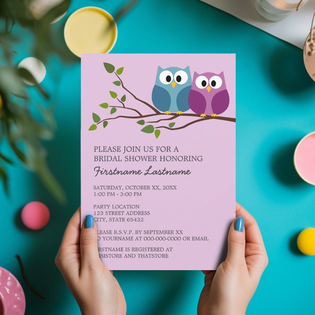 Möhippa med Uggla par vid Gren Inbjudningar (Bridal Shower Invitation - Cute Cartoon Owls on a Branch - Great Couple's Shower Invite)