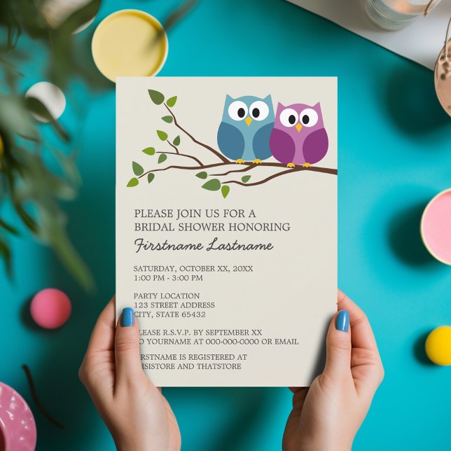 Möhippa med Uggla par vid Gren Inbjudningar (Bridal Shower Invitation - Cute Cartoon Owls on a Branch - Great Couple's Shower Invite)