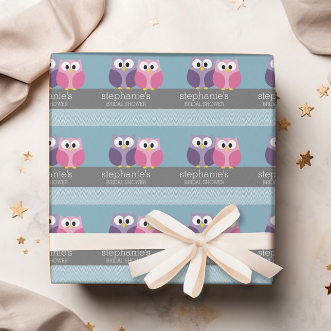 Möhippa med Uggla par vid Gren Presentpapper (Personalized Wedding Shower Wrapping Paper)