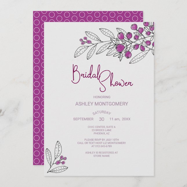 Möhippa Minimalist Lila Berries Löv Inbjudningar (Fram/baksida)