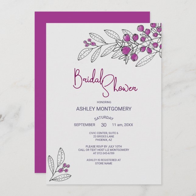 Möhippa Minimalist Lila Löv Berries Inbjudningar (Fram/baksida)