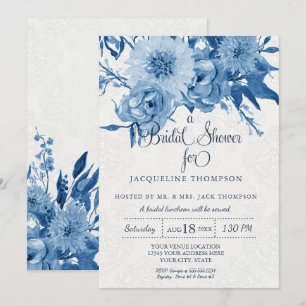 Möhippa Navy Blue White Chintz Damask Blommigt Inbjudningar