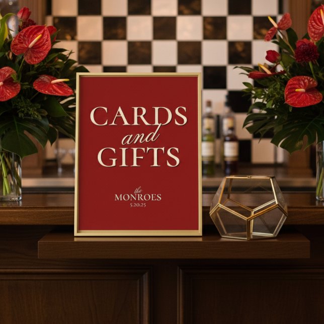 Möhippa- och presentkort för lyxröd Bröllop Poster (Add a touch of timeless elegance to your gift table with this Old Money Bold Red Sign!)