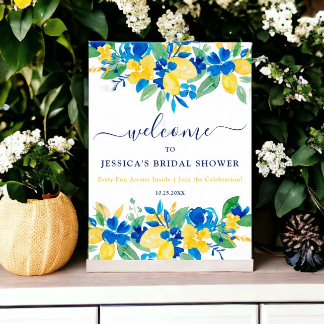 Möhippa om välkomsttillstånd för blommigt av blåci poster (Blue yellow lemons floral welcome bridal shower poster)