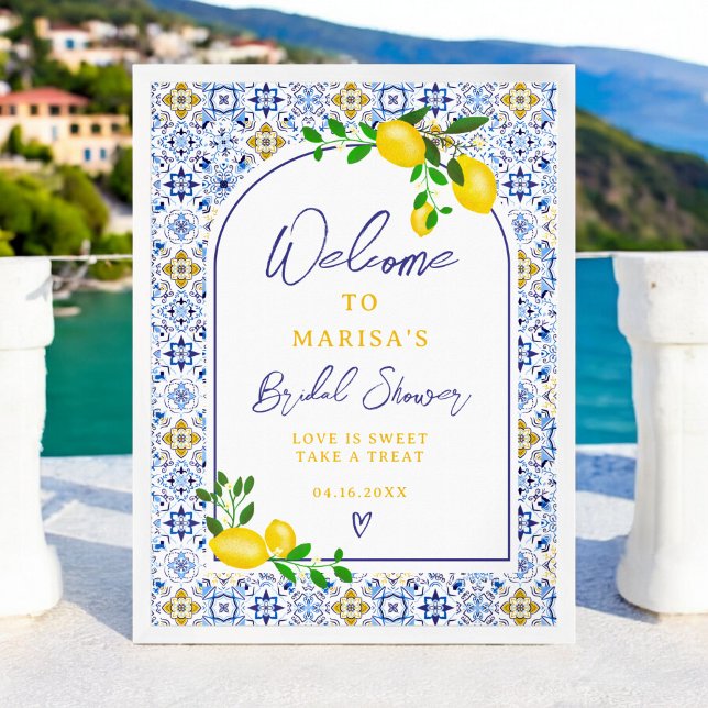 Möhippa om vattenfärgen citron poster (Italian blue tiles watercolor lemon bridal welcome poster)