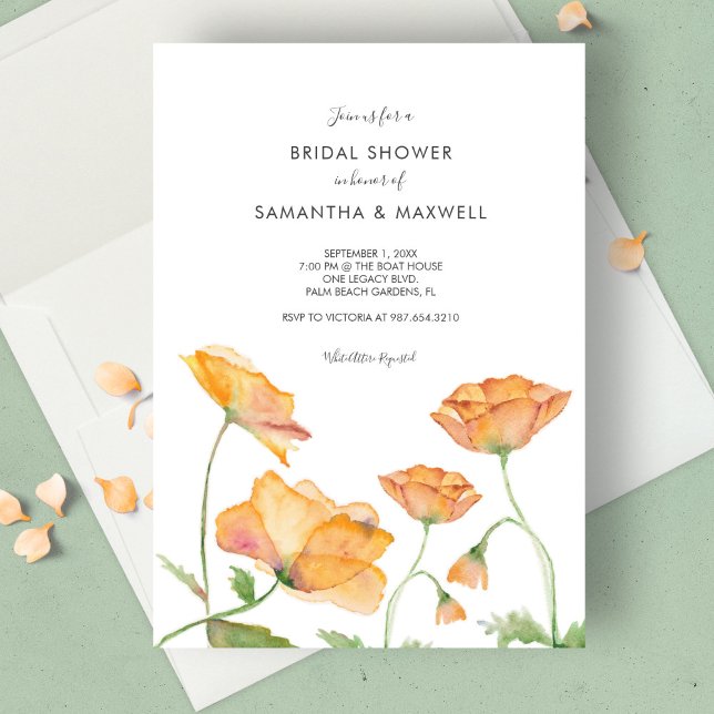 Möhippa Orange Blommigt Vattenfärg Inbjudningar (Bridal shower invitations watercolor orange poppy flowers by Victoria Grigaliunas Do Tell A Belle)
