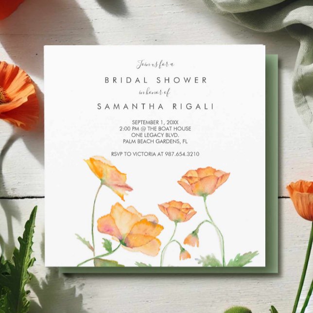 Möhippa Orange Blommigt vattenfärgspopies Inbjudningar (Floral bridal shower invitations watercolor orange poppies art by Victoria Grigaliunas DoTellABelle)