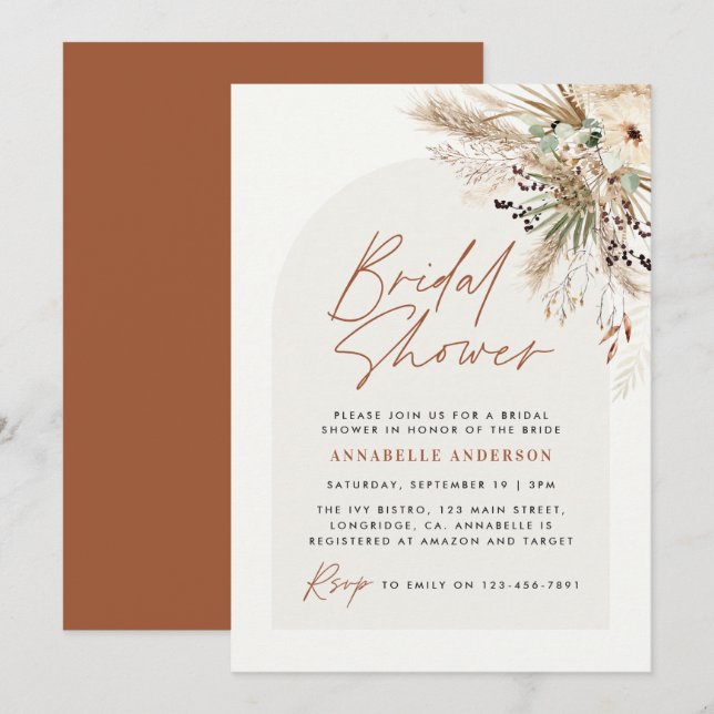 Möhippa pampas-gräs modern boho-elegant inbjudningar (Fram/baksida)