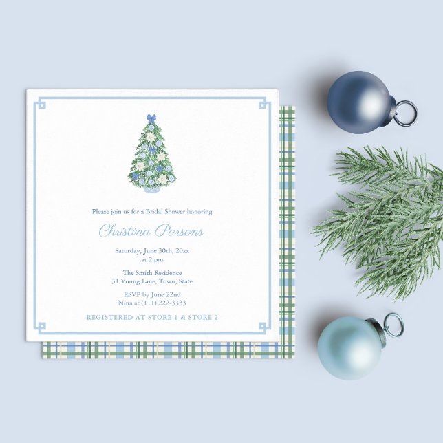 Möhippa Party i Chicen Karibien Inbjudningar (Pale Blue White Chinoiserie Holidays Tree Bridal Shower Party Invitation With Tartan Plaid Backer)