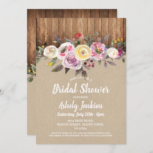 Möhippa Party Rustic Wood Rustic Blommigt Inbjudningar (Fram/baksida)