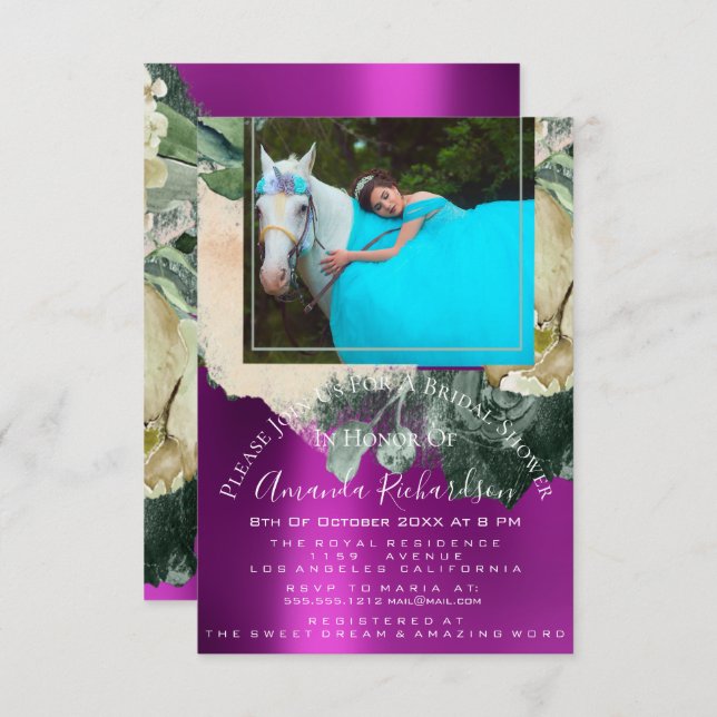 Möhippa Photo Rosa Blommigt Birthday Unicorn Inbjudningar (Fram/baksida)