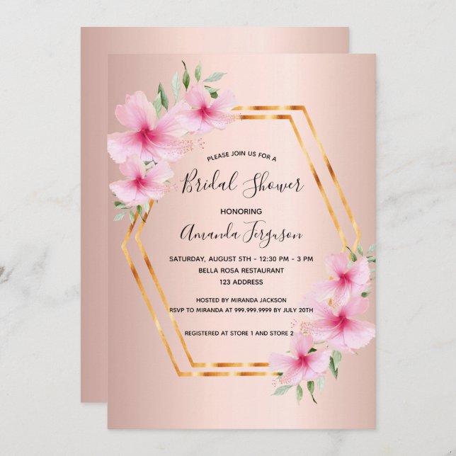 Möhippa Ro guld  rosa blommor geo Inbjudningar (Fram/baksida)