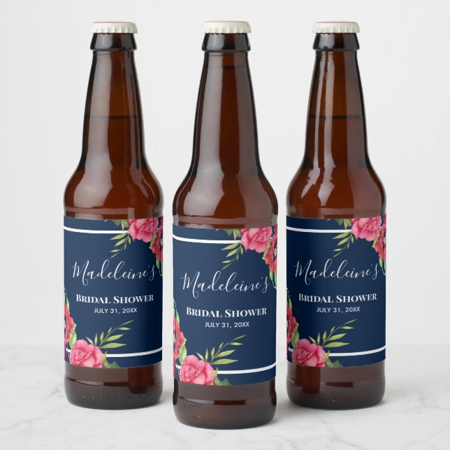 Möhippa Röda och rosa blommor Mörkblå Ölflaska Etikett (Flaskor)