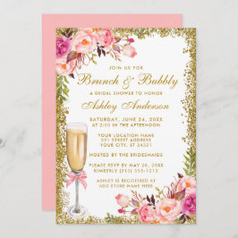 Möhippa Rosa Blommigt Brunch Bubbly Glitter Inbjudningar