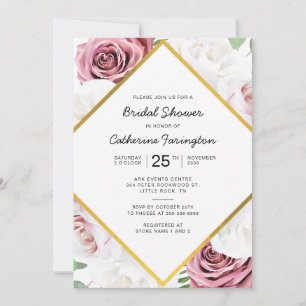 Möhippa Rosa Blommigt Guld Geometric Ram Inbjudningar