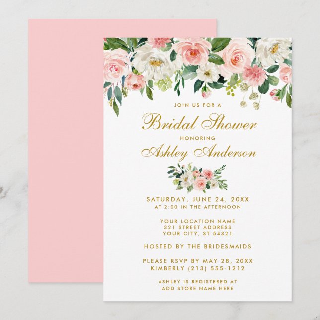 Möhippa Rosa Vita Guld Blommigt Inbjudan P (Fram/baksida)