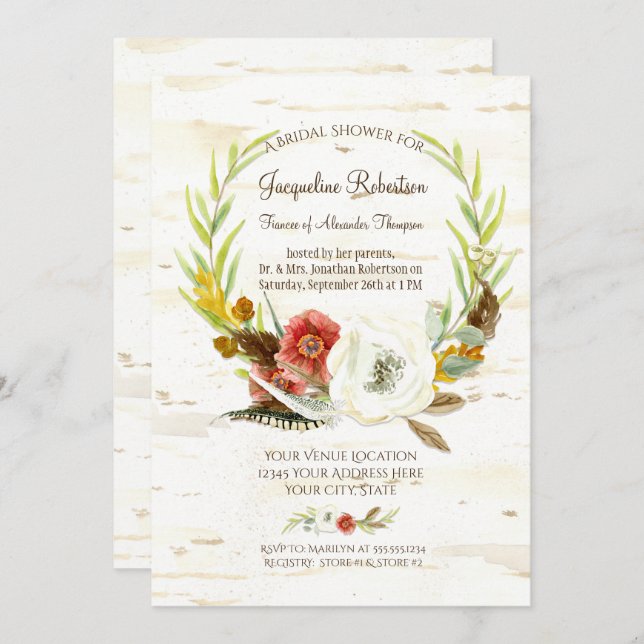 Möhippa Rustic WAN Boho Feather Birch Inbjudningar (Fram/baksida)