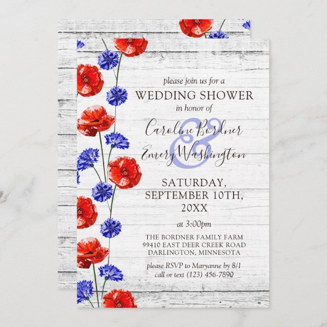 Möhippa Rustic Wood & Red Poppy Land Inbjudningar (Fram/baksida)