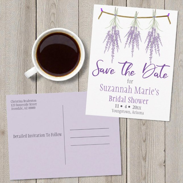 Möhippa Spara datumstrecket A för torkning av lave Meddelande Vykort (Lavender bundle template save the date postcard bridal shower invitation)