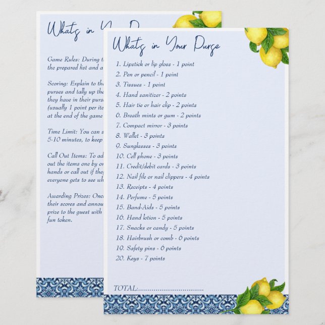 Möhippa-spel Vad är i din väska? Brevpapper (Fram/baksida)