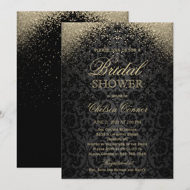 Möhippa - Svart Damm och Guld Glitter Inbjudningar (Fram/baksida)