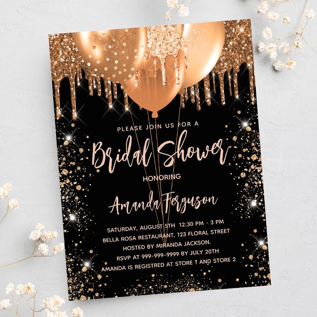 Möhippa svarta guld glitter-ballonger glamorou inbjudan vykort (Skapare uppladdad)