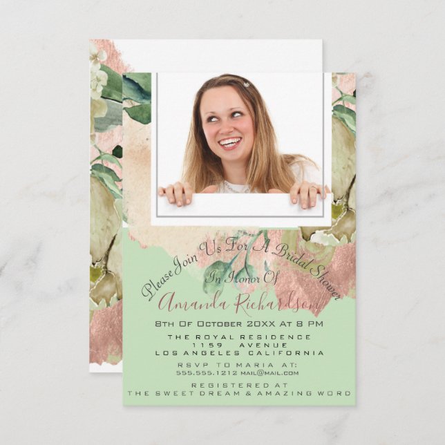 Möhippa Sweet 16:e Blommigten Photo Mint Peach Inbjudningar (Fram/baksida)