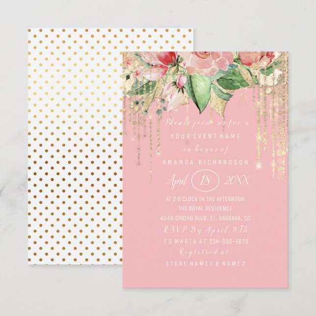 Möhippa Sweet 16:e Rosa ros Guld Dots Spark Inbjudningar (Fram/baksida)