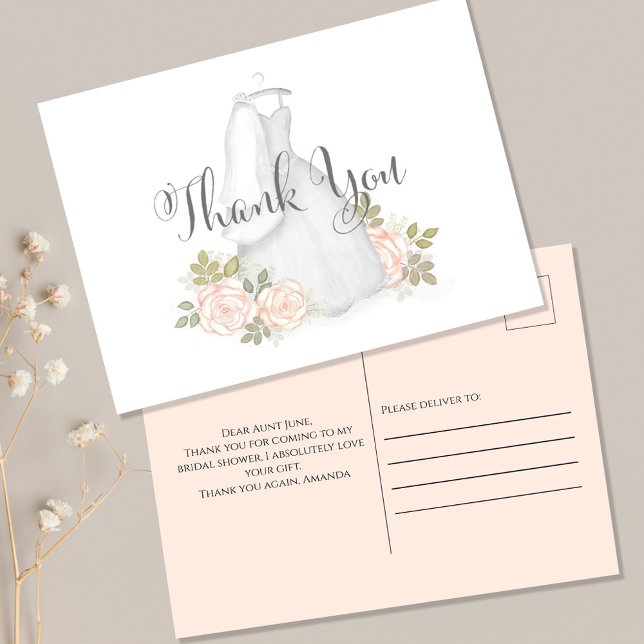 Möhippa - Tack för Eleganten Ditt kort (Bridal shower Thank you postcard with elegant bridal gown dress. )