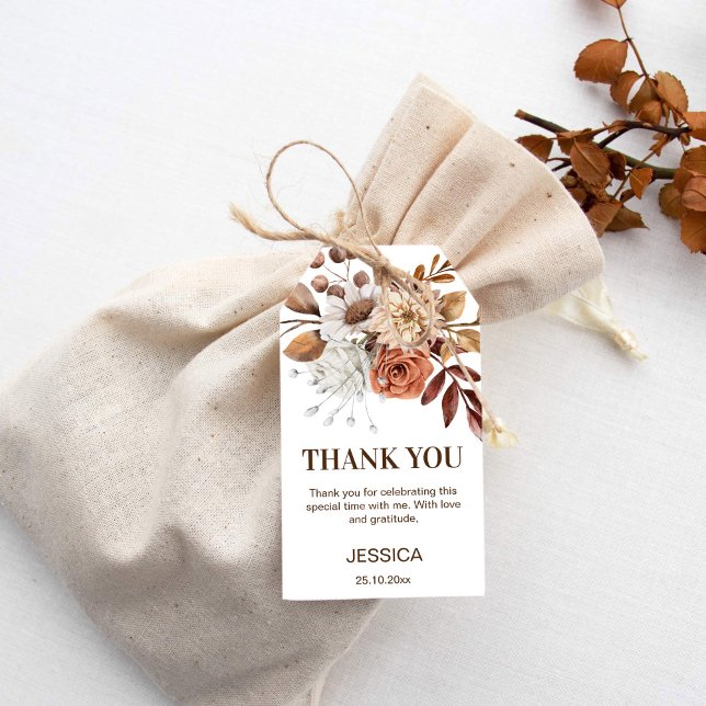 Möhippa tack för jordens ökenboho presentetikett (Boho terracotta bridal shower favor thank you tags watercolor earthy brown flowers fall bridal tags)