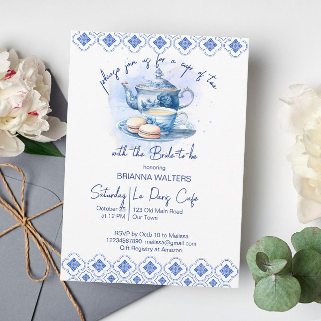 Möhippa te party blue tiles tea pot inbjudningar (Bridal shower tea party something blue tiles template invitation instant download blue tea pot)