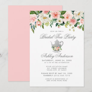Möhippa Tea Party Blommigt Rosa Silver Inbjudan