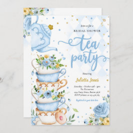 Möhippa Tea Party Blue och Guld Blommigt Inbjudningar