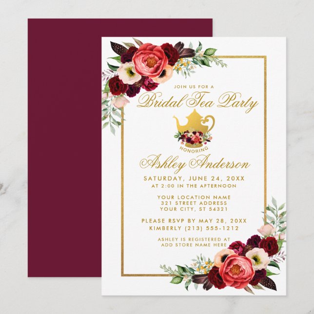 Möhippa Tea Party Burgundy Boho Blommigt Guld Inbjudningar (Fram/baksida)