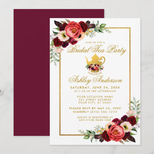 Möhippa Tea Party Burgundy Boho Blommigt Guld Inbjudningar